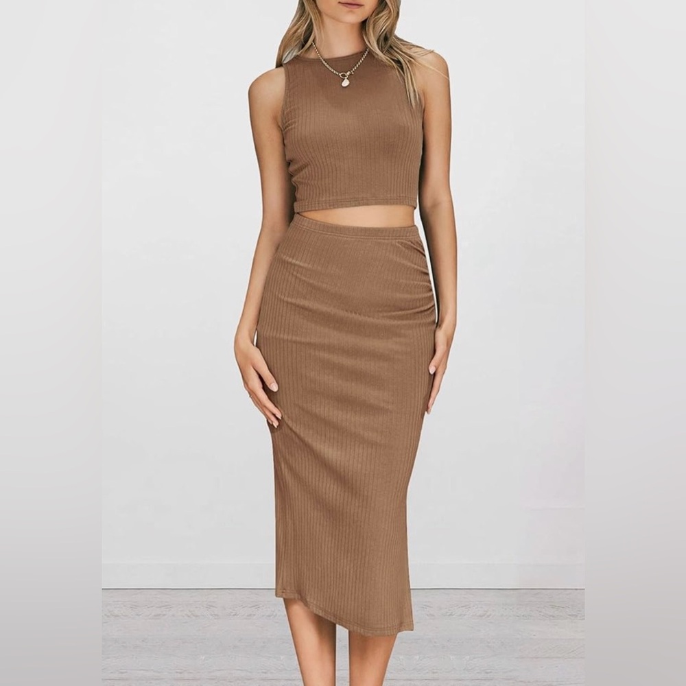 Women’s Two-Piece Set With Crew Neck Tank Top and Midi Skirt with Back Split